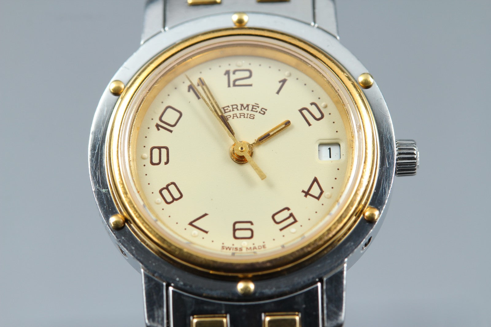 Vintage Hermes Clipper 24mm Ivory Dial Gold Woman's Watch Quartz [w /Box]