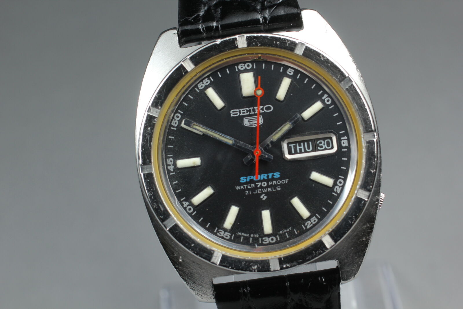 Vintage [Exc+4] SEIKO 5 SPORTS 6119-8140 21J Men's Watch Automatic Black JAPAN