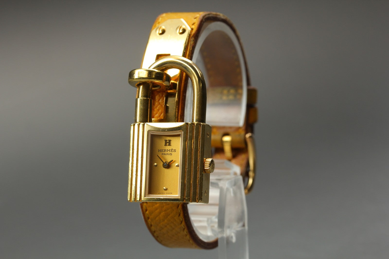 Vintage HERMES Kelly Stainless Gold Dial Quartz Women's Watch 20mm JAPAN Box