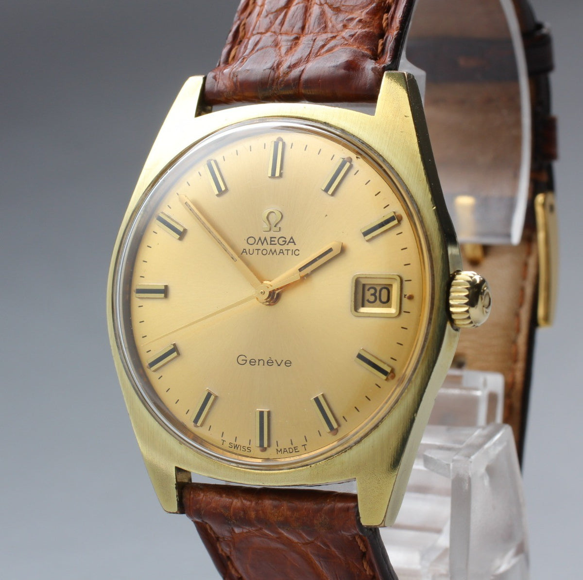 OMEGA Geneve 166.041 Cal.565 Date Gold Brown 34mm Automatic Men's Watch Vintage