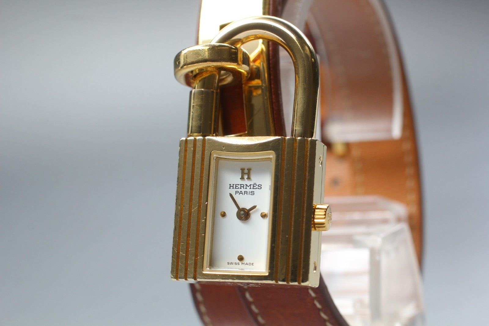 Overhauled [Exc+5 Box] HERMES Kelly Watch Gold Brown "I" Double Woman's Qz Watch