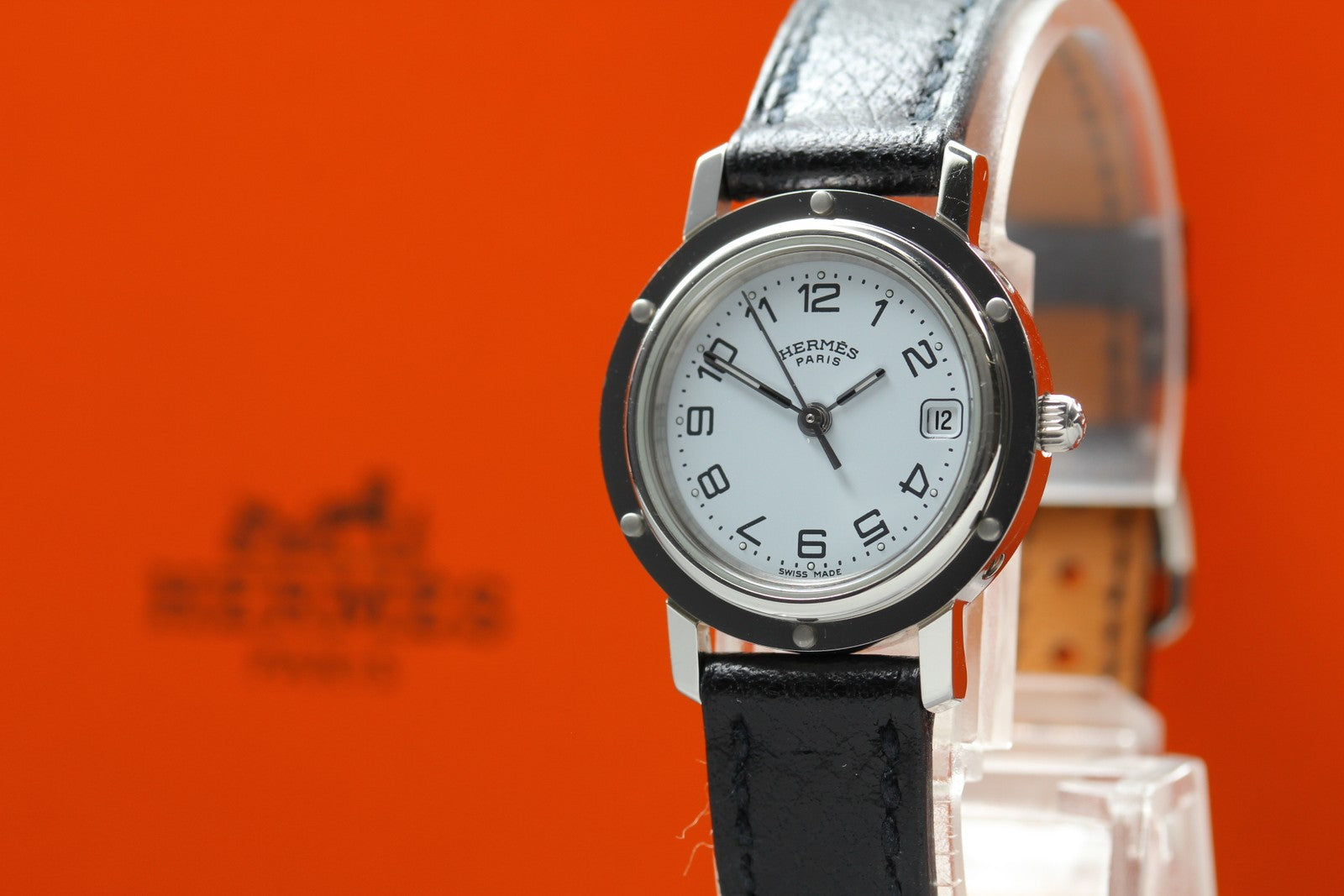 [Exc+5 Box] Hermes Clipper CL4.210 24mm "F" Silver Black Woman's Quartz Watch