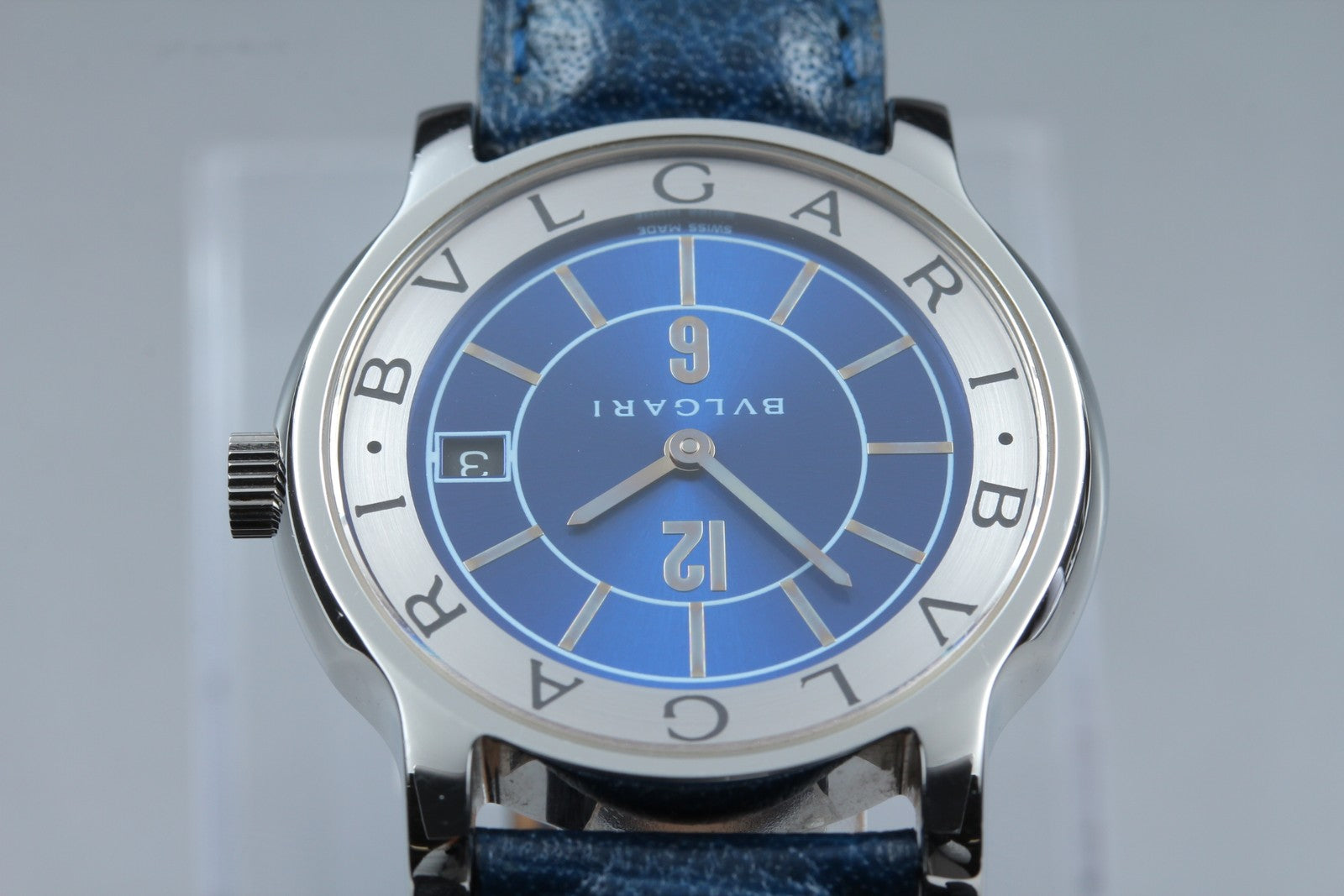 New Batt BVLGARI SOLOTEMPO ST35S Quartz Blue Men's Watch 35mm JAPAN Exc+5*Box