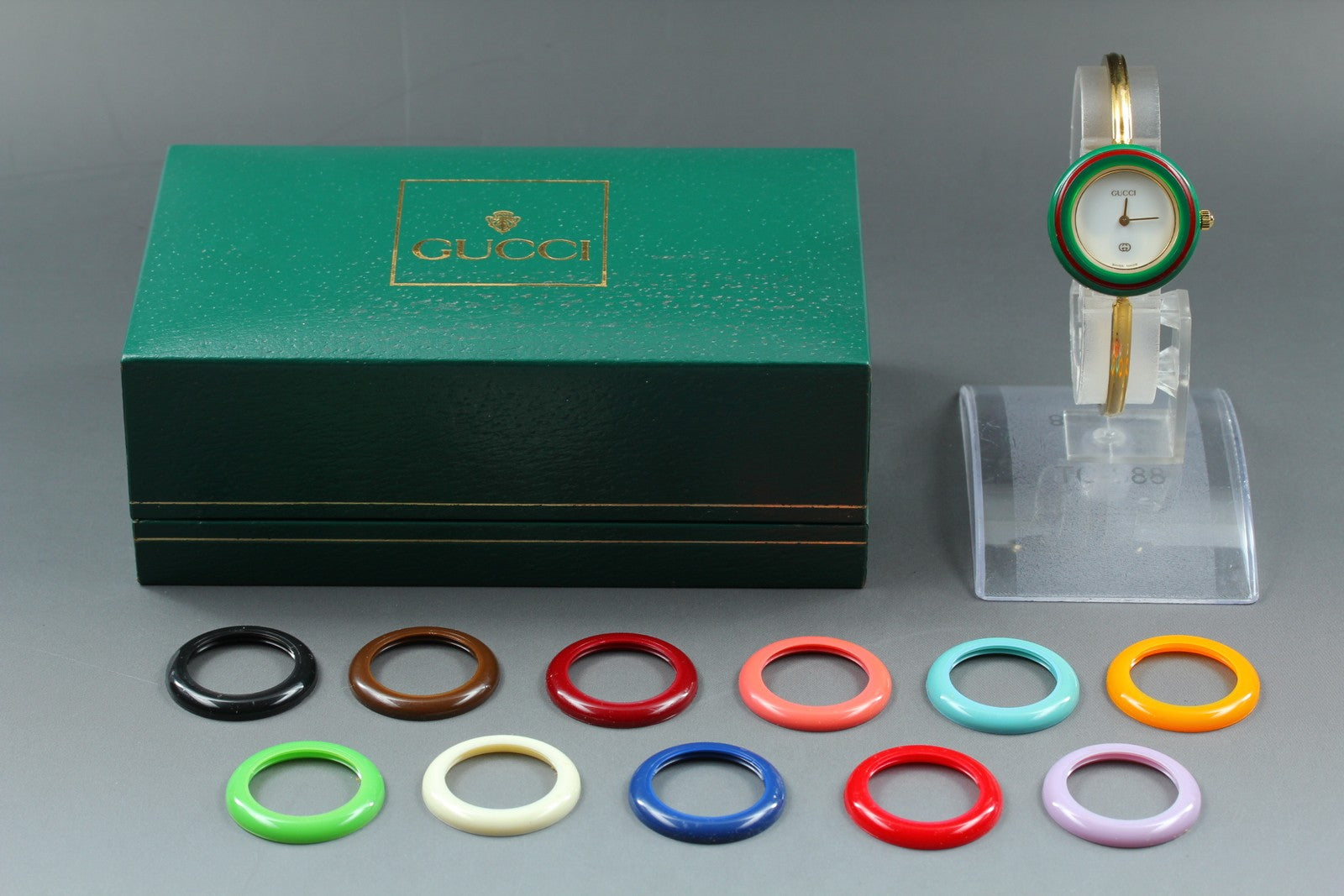 Vintage Gucci Change Bezel 11/12 Gold 12 Color Bangle Women's Qz Watch [Box]
