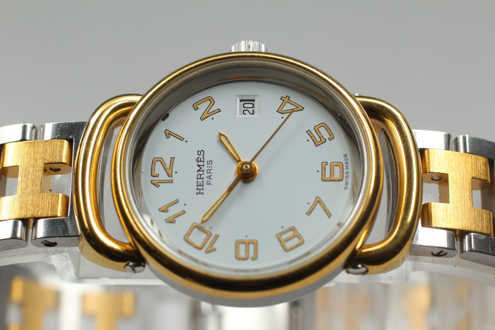 Vintage [Exc+5] Hermes Pullman Gold White Dial 24mm Date Woman's Quartz Watch