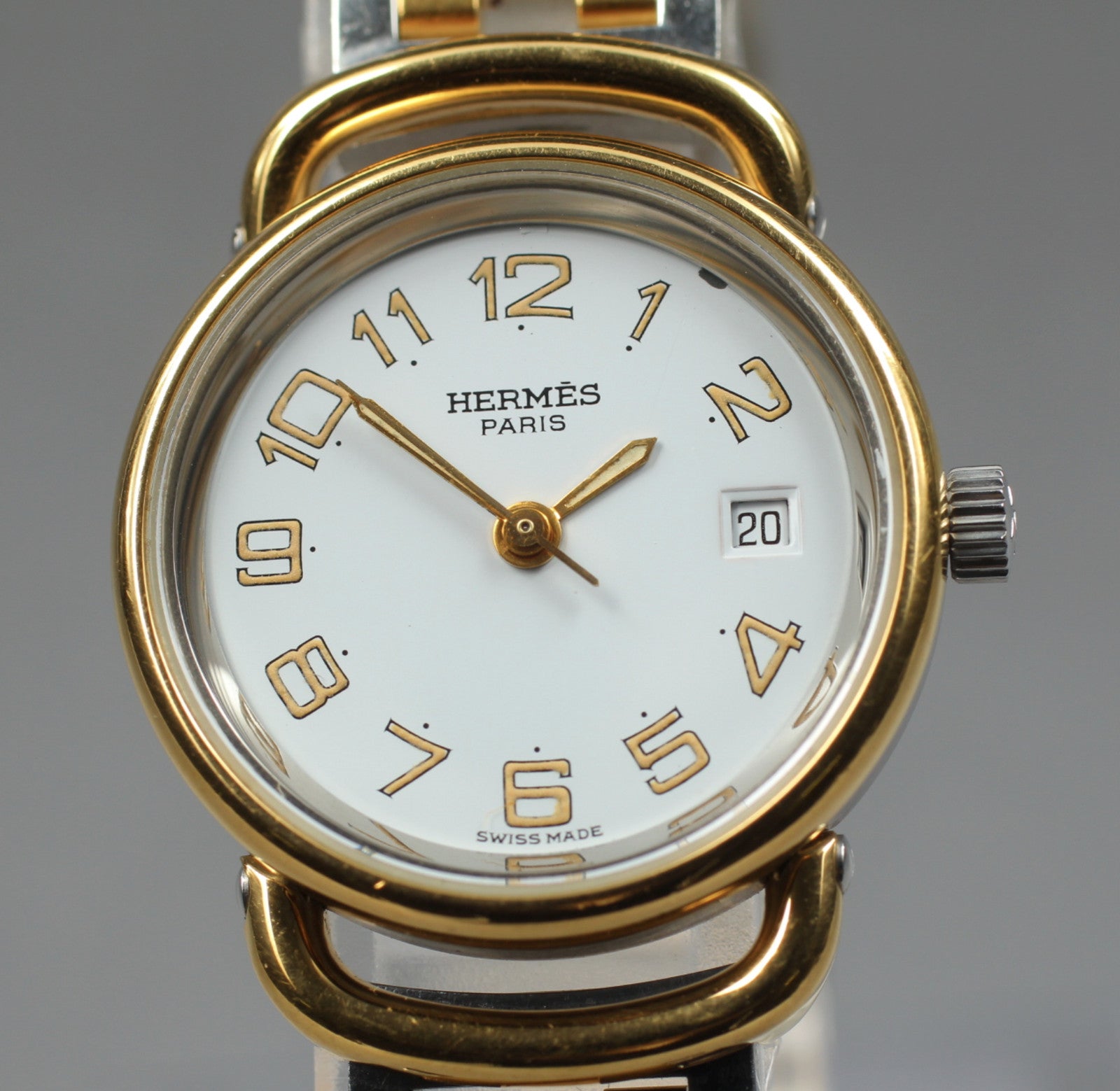 Vintage [Exc+5] Hermes Pullman Gold White Dial 24mm Date Woman's Quartz Watch