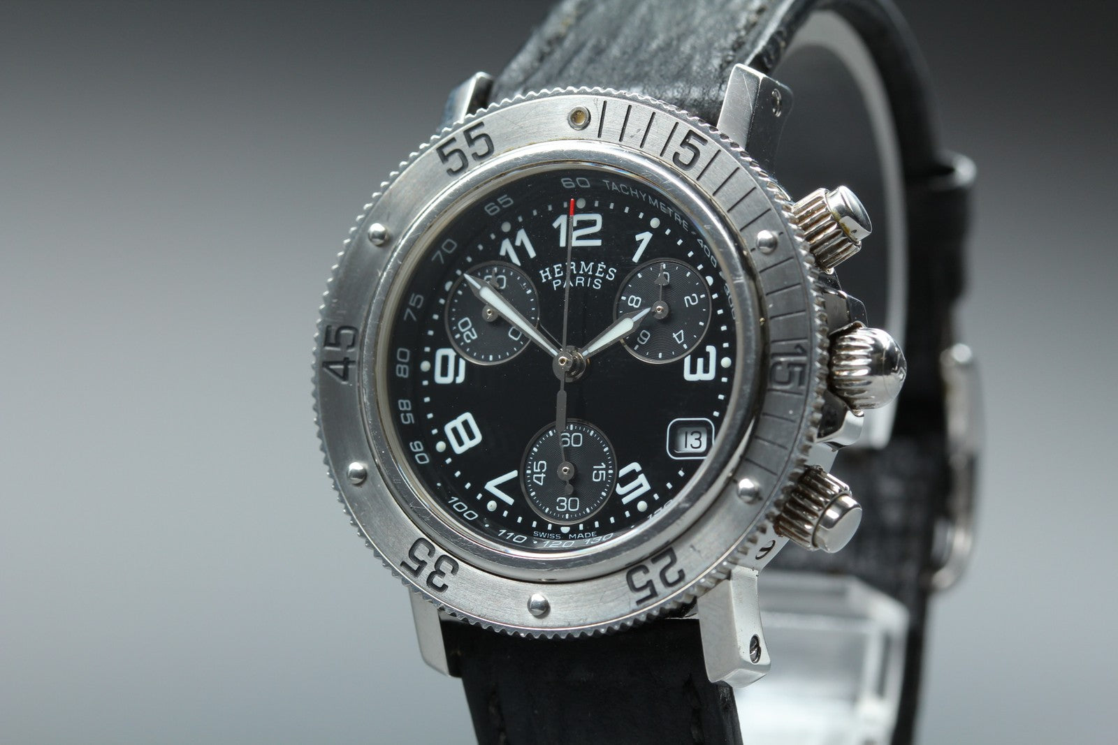 HERMES Clipper CL2.310 Quartz Black Chronograph Women's Watch 33mm Japan Box