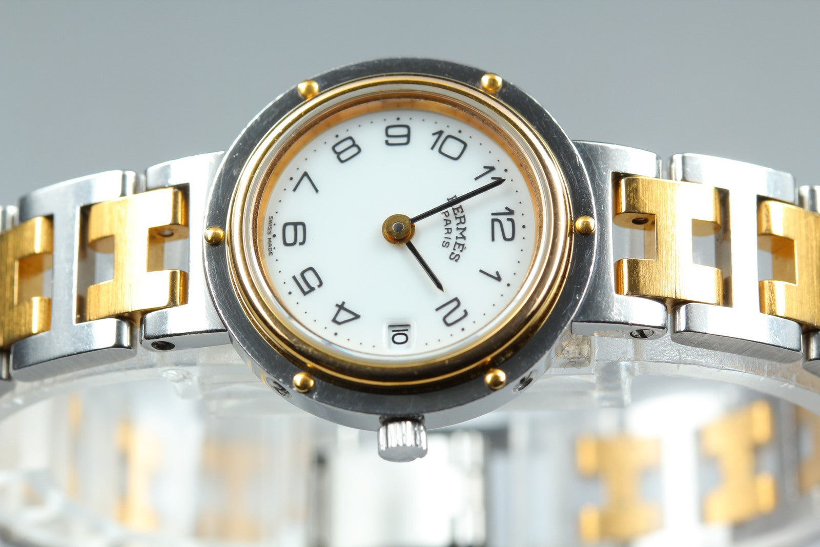 Vintage [Exc+5 Box] Hermes Clipper 24mm White Dial Gold Woman's Watch Quartz