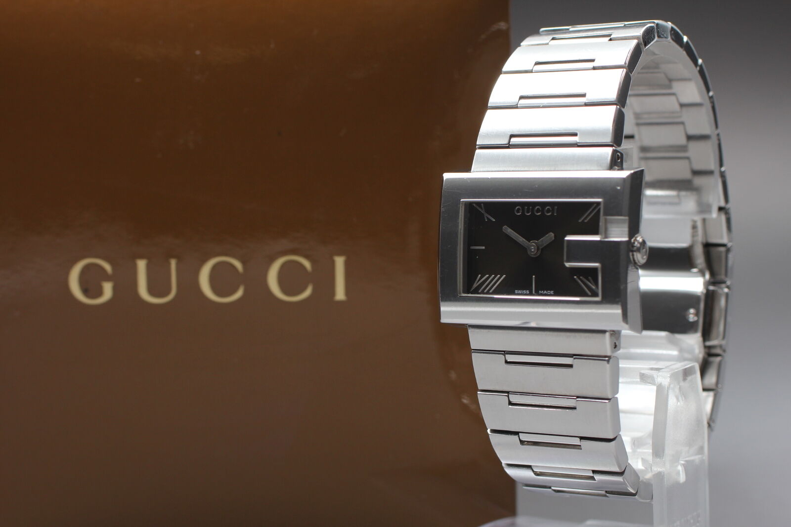 New Battery [Exc+5 Box] GUCCI 100L Black Dial SIlver Woman's Quartz Watch JAPAN