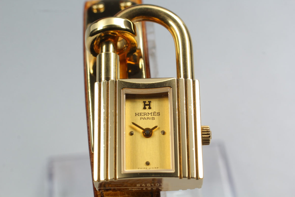 HERMES Kelly Watch Gold Brown Leather "Z" Woman's Quartz Watch Vintage [Box]
