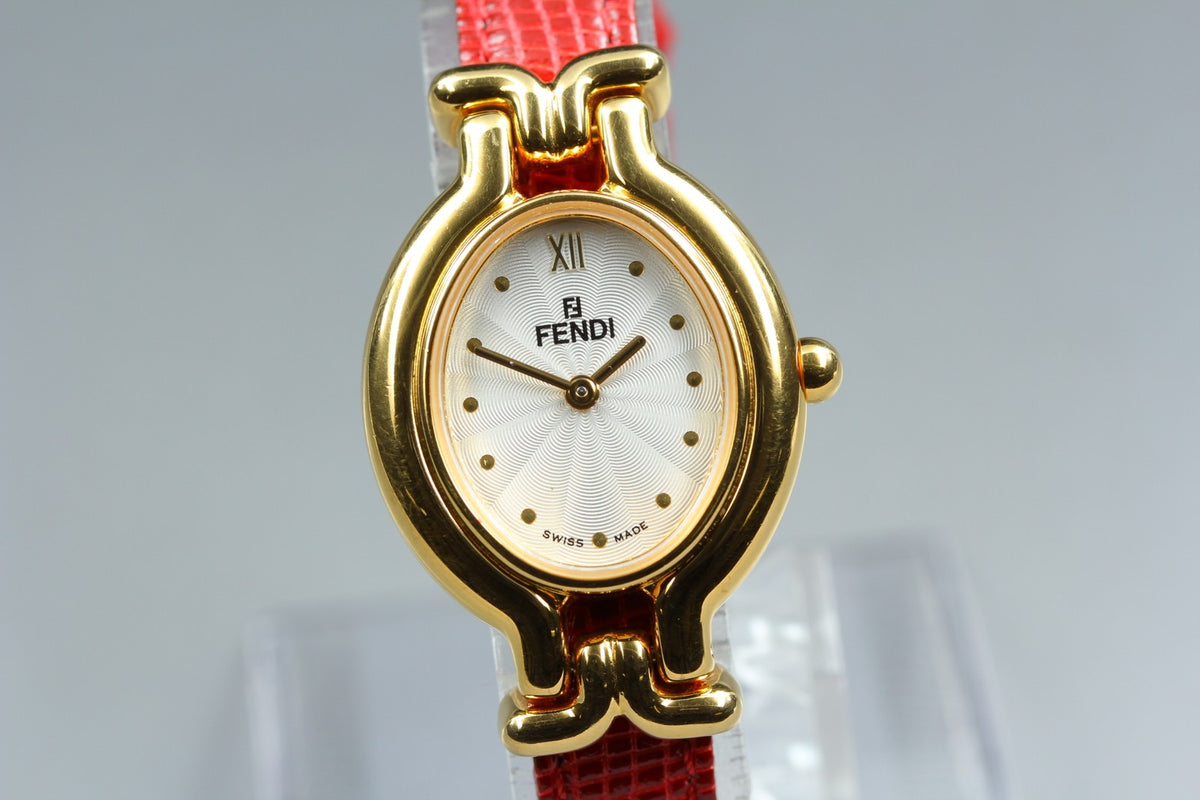 FENDI 640L Chameleon Red Leather Belt Gold 24mm Women's Quartz Watch Vintage