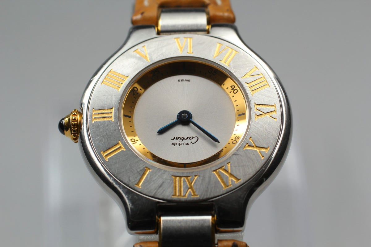 Vintage Cartier Must De 21 1340 Silver Quartz Women's Watch 27mm JAPAN Box