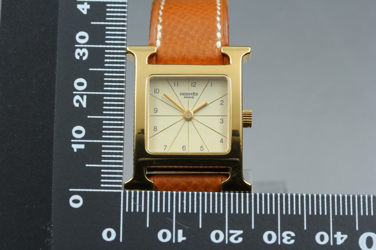 HERMES H Watch Gold Ivory Dial Brown Leather "Y" Woman's Watch Quartz [Box]