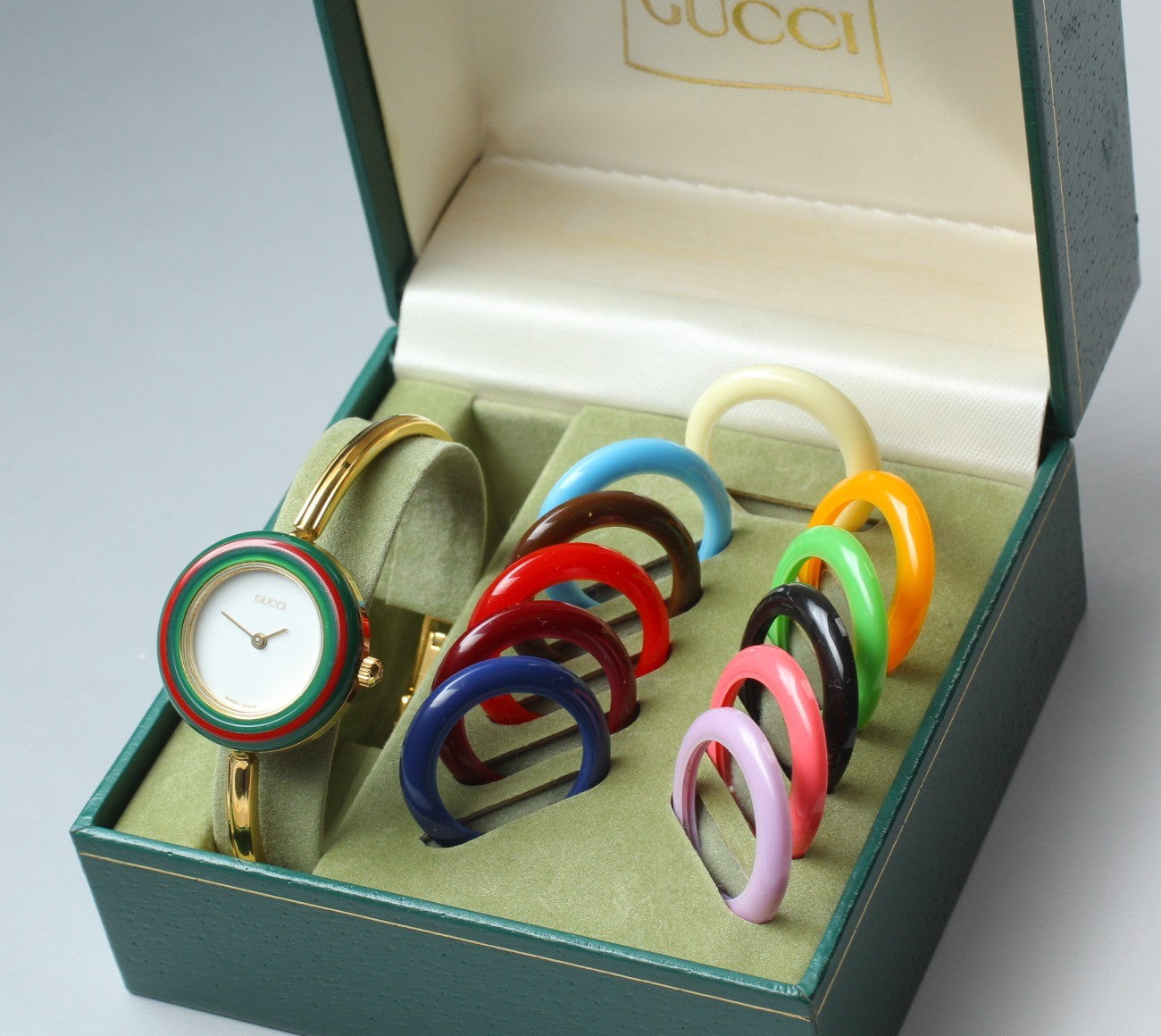 Vintage Gucci Change Bezel 11/12.2 12 Colors Gold Bangle Women's Qz Watch [Box]