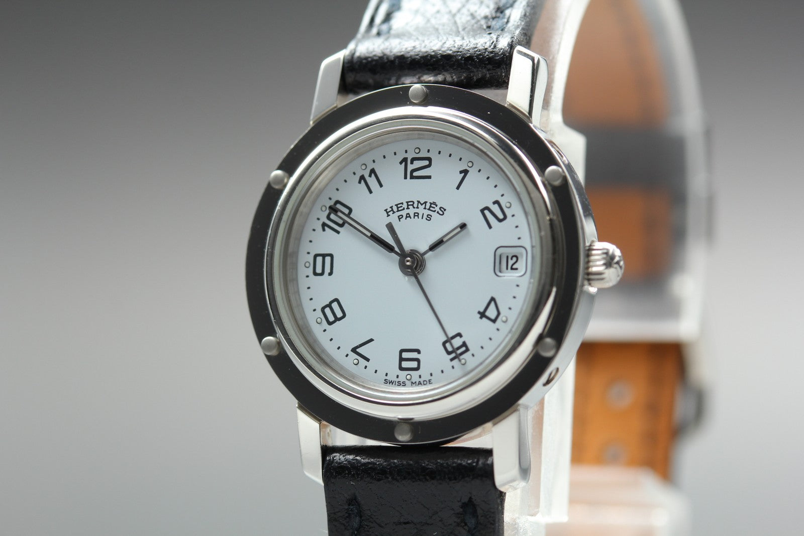 [Exc+5 Box] Hermes Clipper CL4.210 24mm "F" Silver Black Woman's Quartz Watch