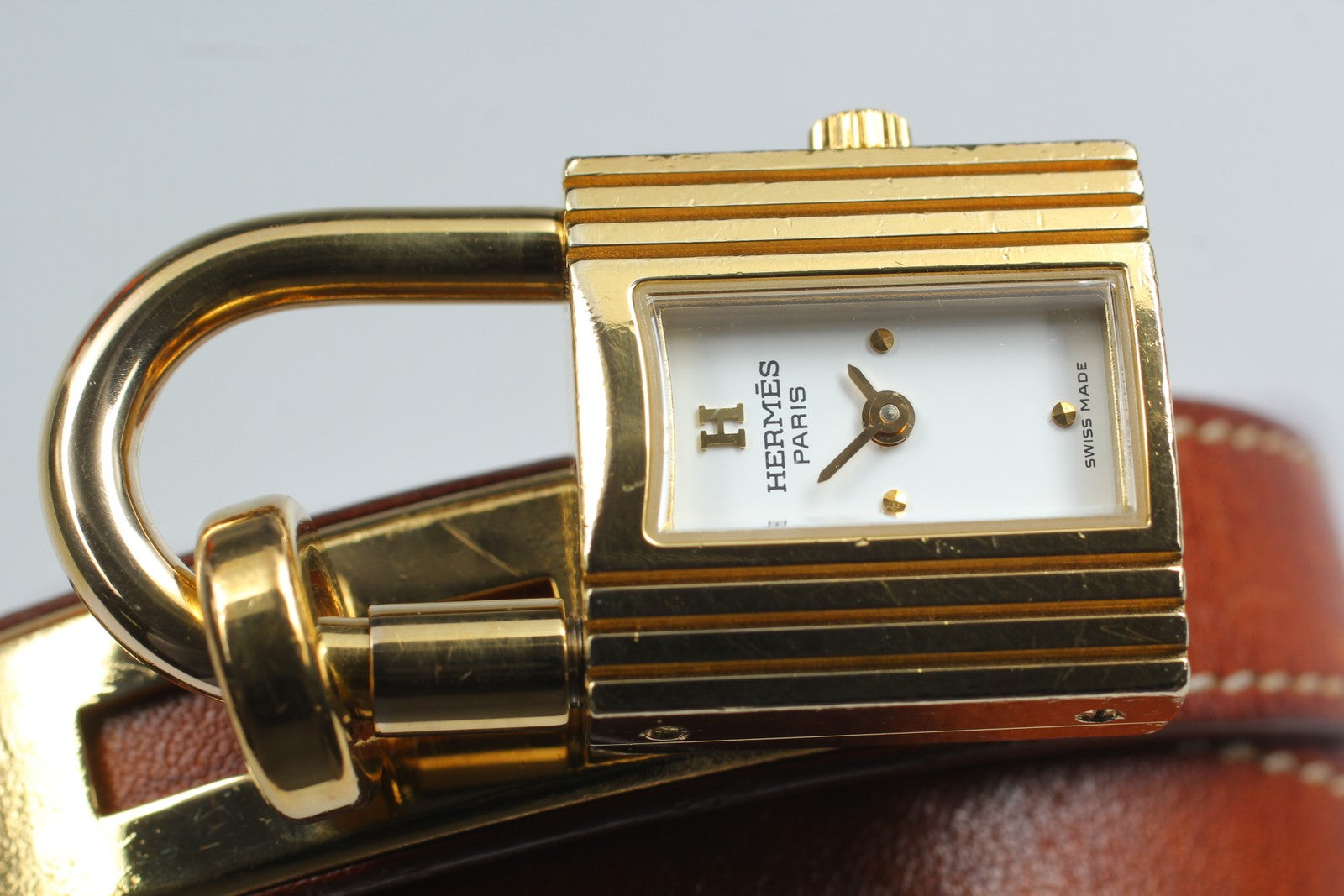 Overhauled [Exc+5 Box] HERMES Kelly Watch Gold Brown "I" Double Woman's Qz Watch