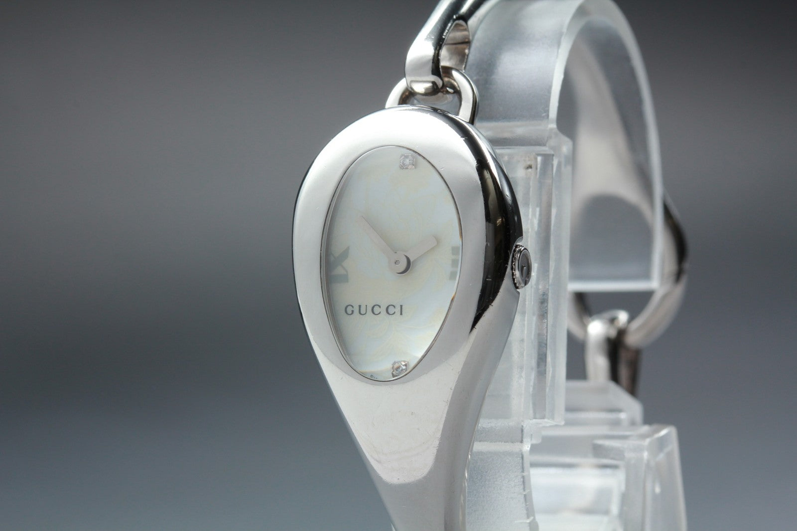 Vintage [Exc+5 Box] Gucci 103 Horsebit 2P Diamond Floral Silver Woman's Qz Watch
