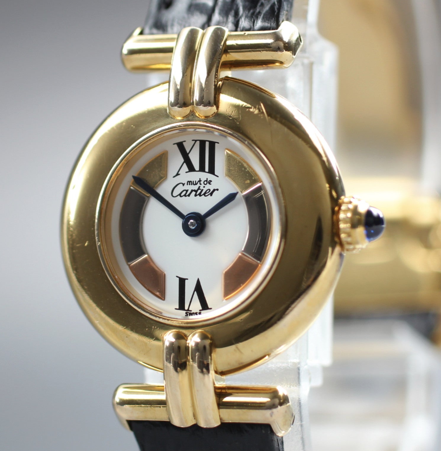 Vintage[Exc+5] Cartier Must Colisee Vermeil 1902 Gold Black Women's Quartz Watch