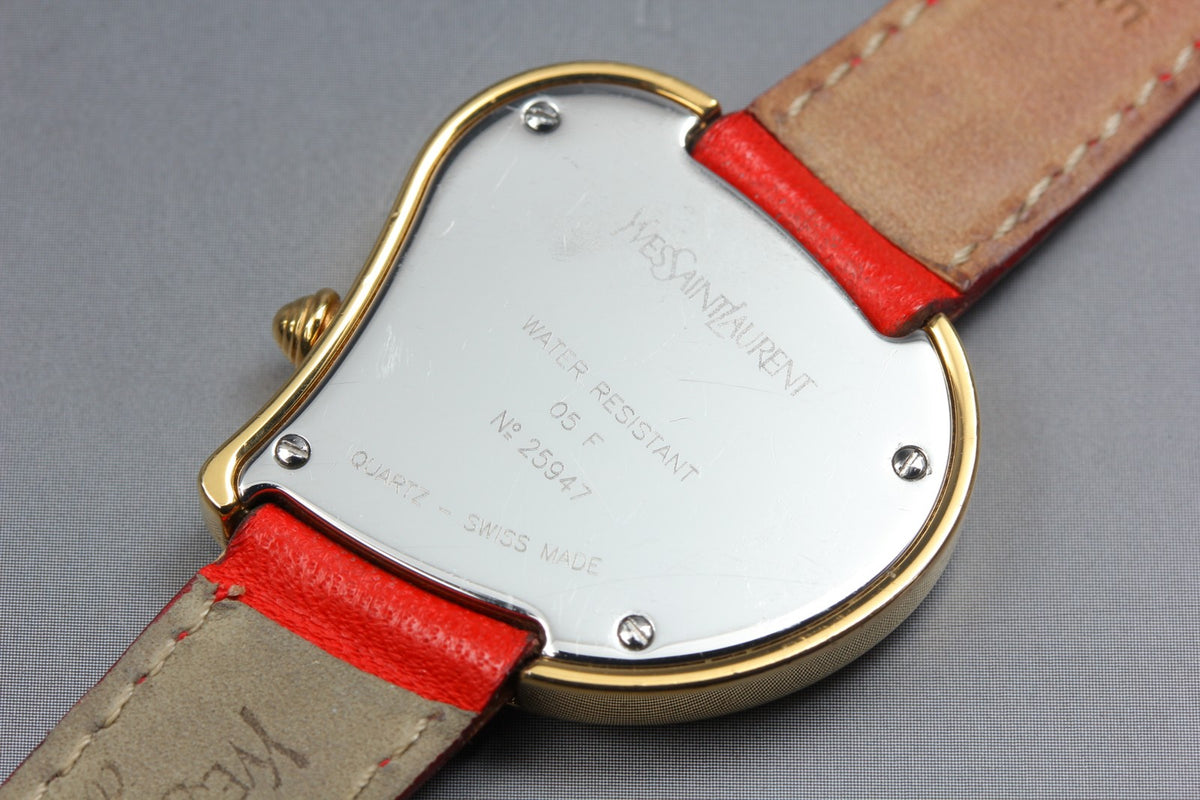 Yves Saint Laurent Heart Gold Red Leather 30mm Women's Watch Quartz Vintage