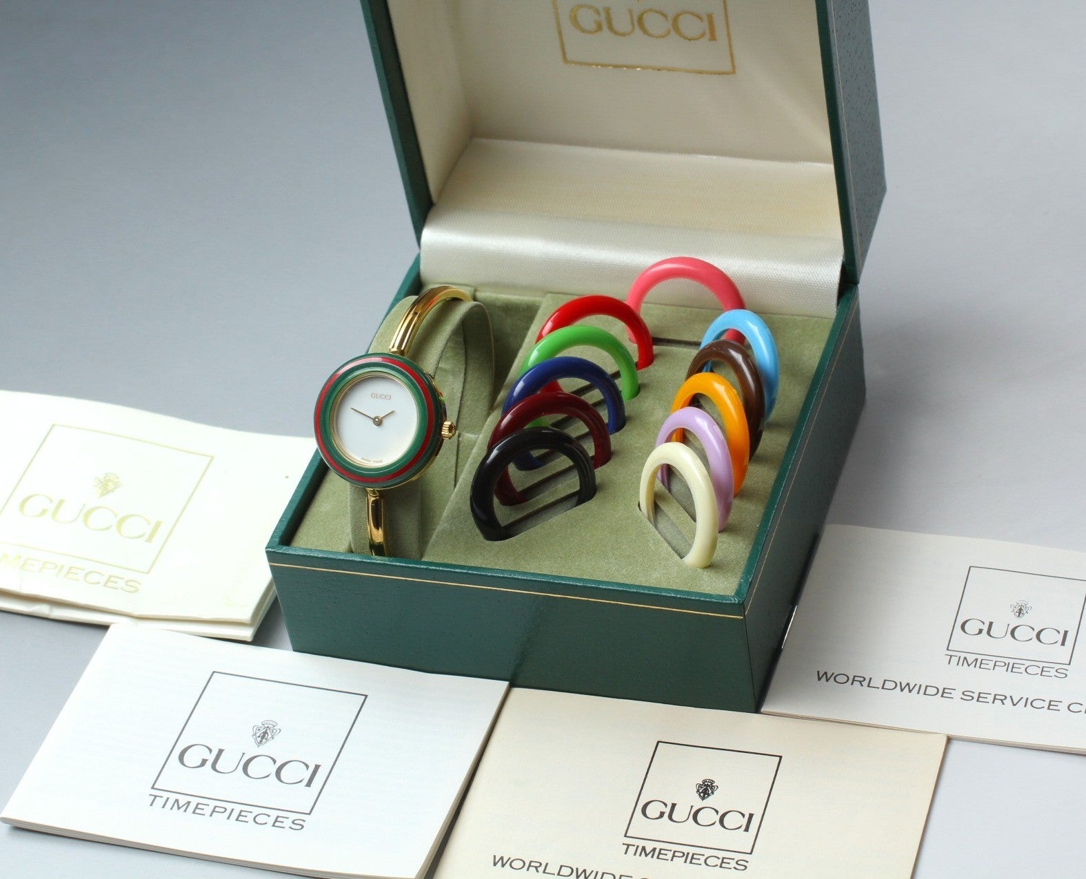 Vintage Gucci Change Bezel 11/12.2 12 Colors Gold Bangle Women's Qz Watch [Box]