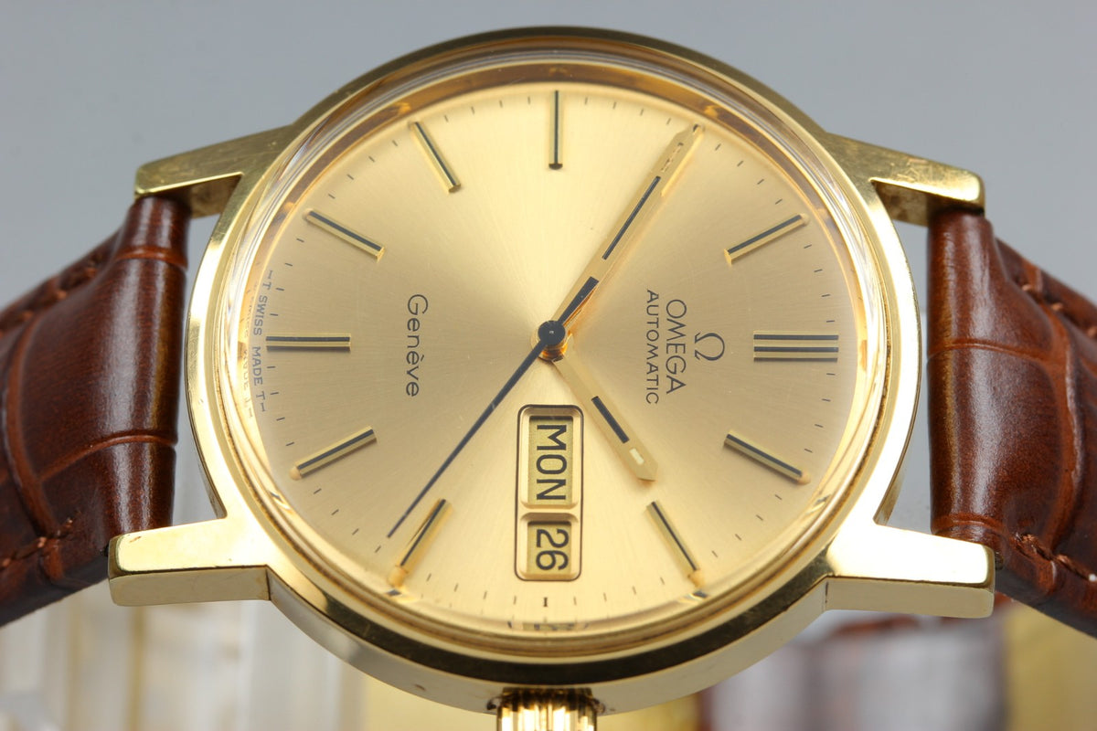 OMEGA Geneve Day-Date 166.0117 Cal.1022 Gold Brown 34mm AT Men's Watch Vintage