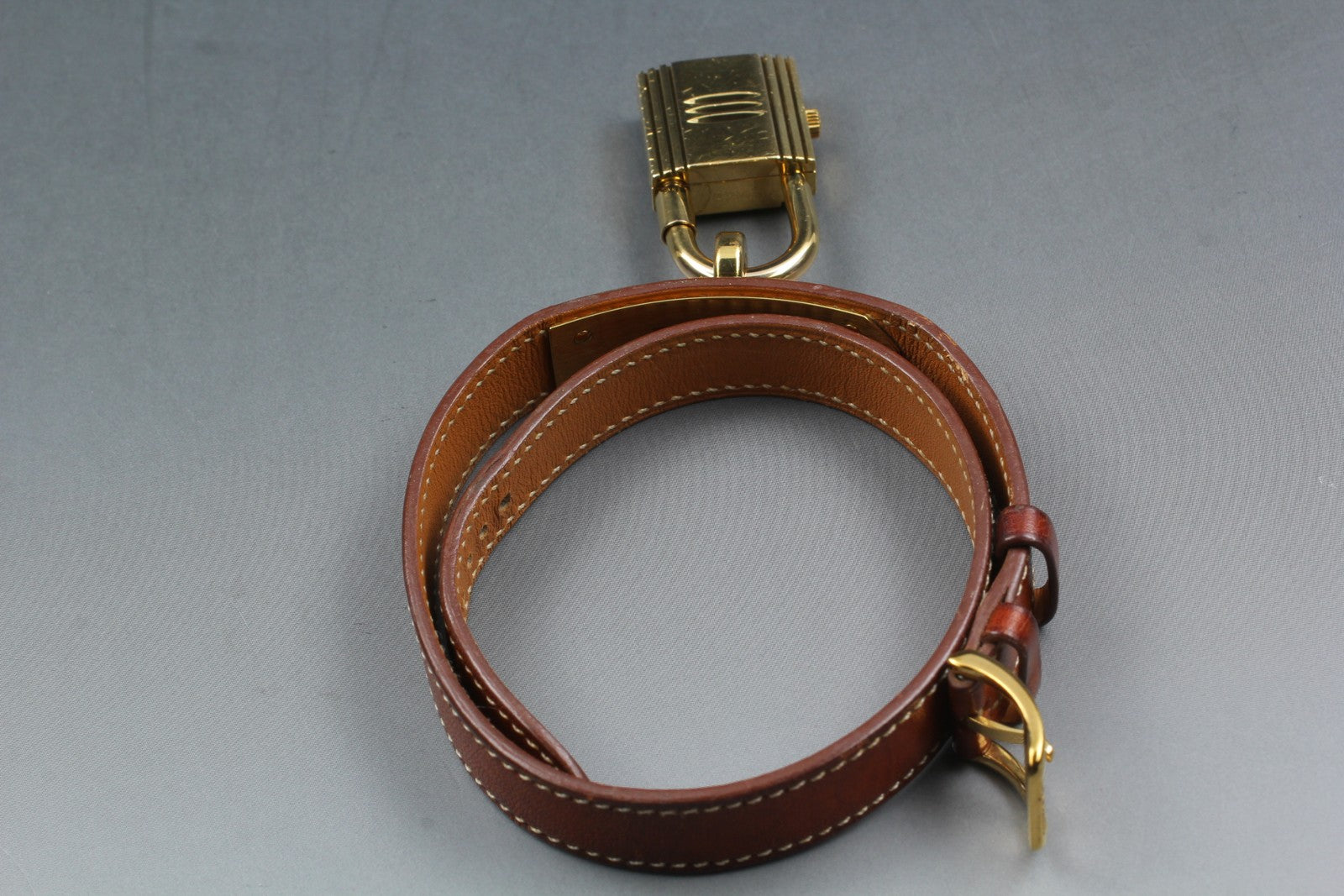 Overhauled [Exc+5 Box] HERMES Kelly Watch Gold Brown "I" Double Woman's Qz Watch
