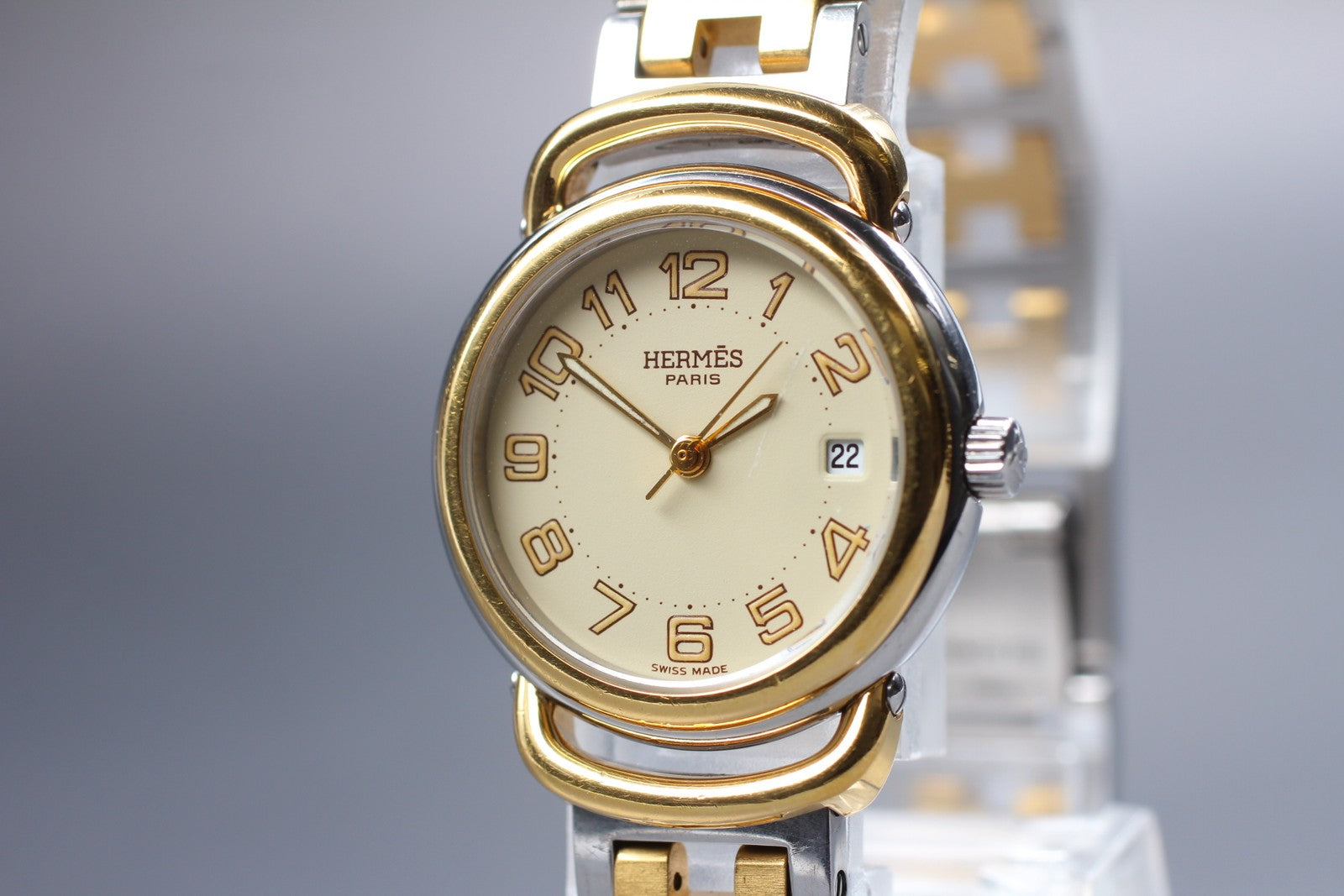 Vintage [Exc+4] Hermes Pullman PU2.240 Ivory Dial 24mm Date Woman's Quartz Watch