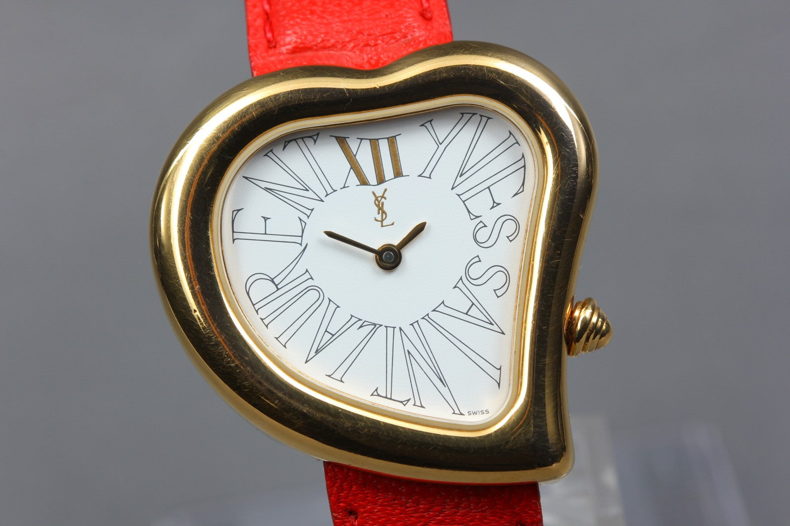 Yves Saint Laurent Heart Gold Red Leather 30mm Women's Watch Quartz Vintage