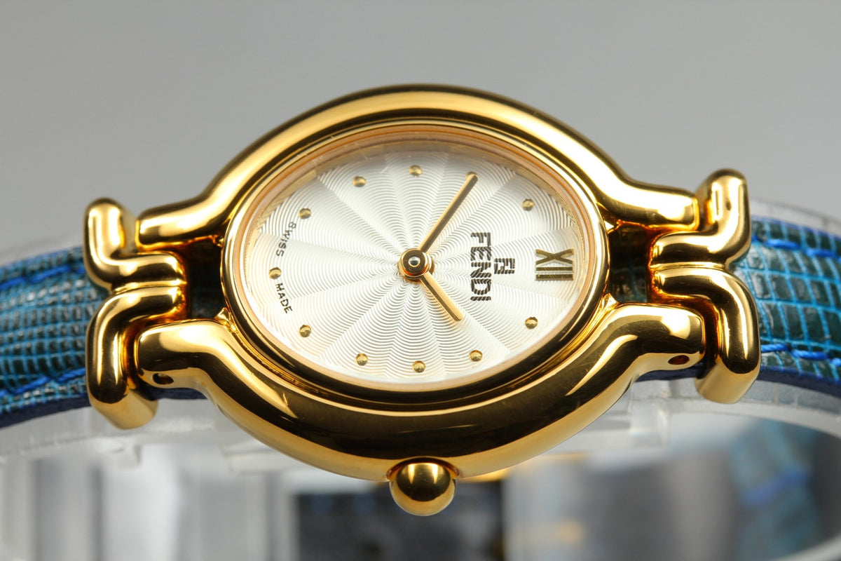 FENDI 640L Chameleon Blue Leather Belt Gold 24mm Women's Quartz Watch Vintage