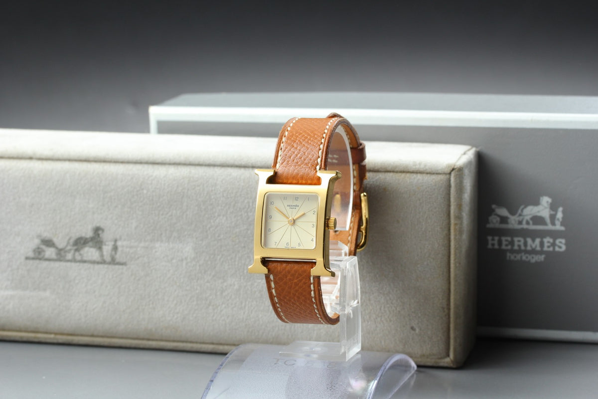HERMES H Watch Gold Ivory Dial Brown Leather "Y" Woman's Watch Quartz [Box]
