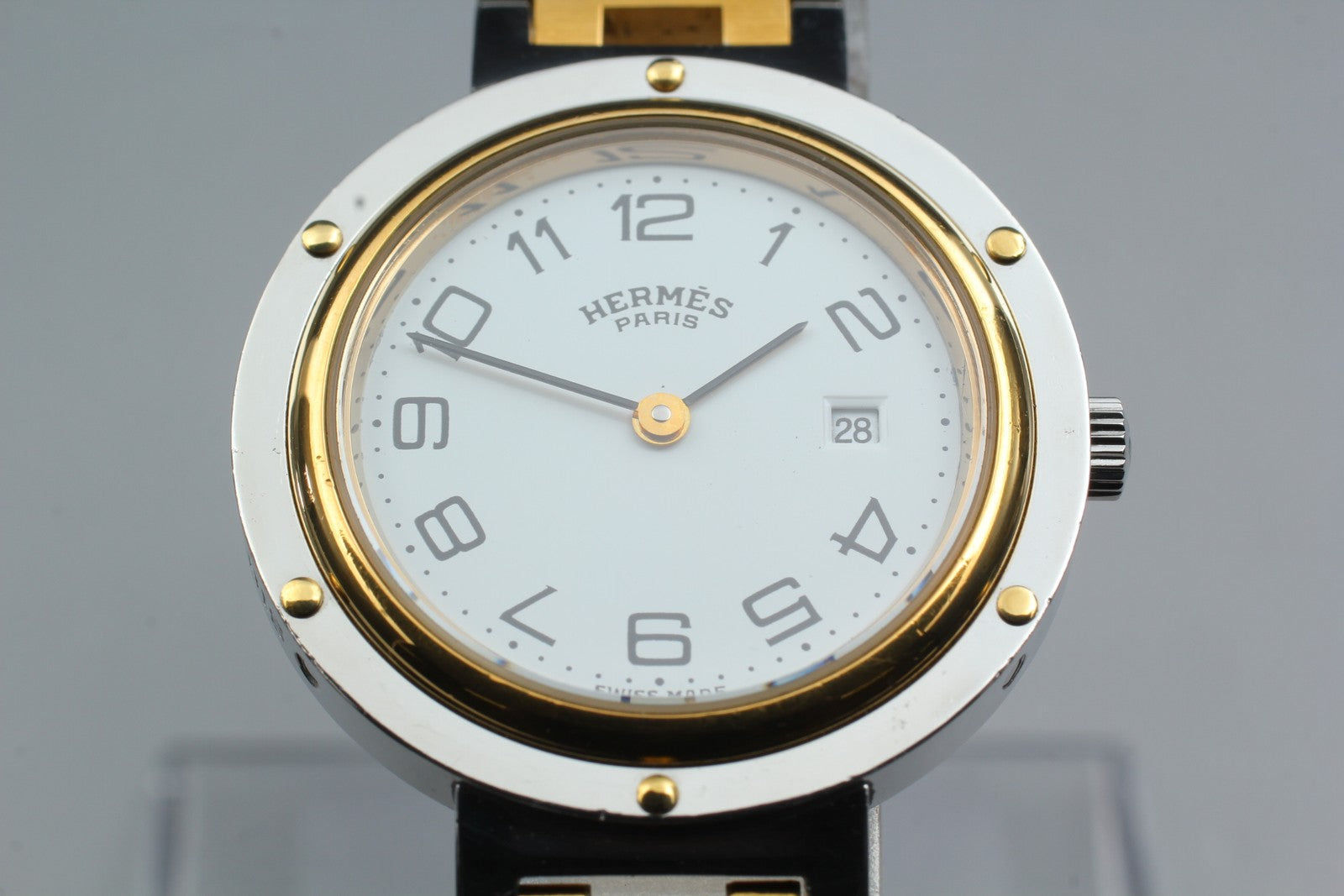 Vintage [Exc+5 Box] Hermes Clipper 30mm White Dial Gold Unisex Watch Quartz
