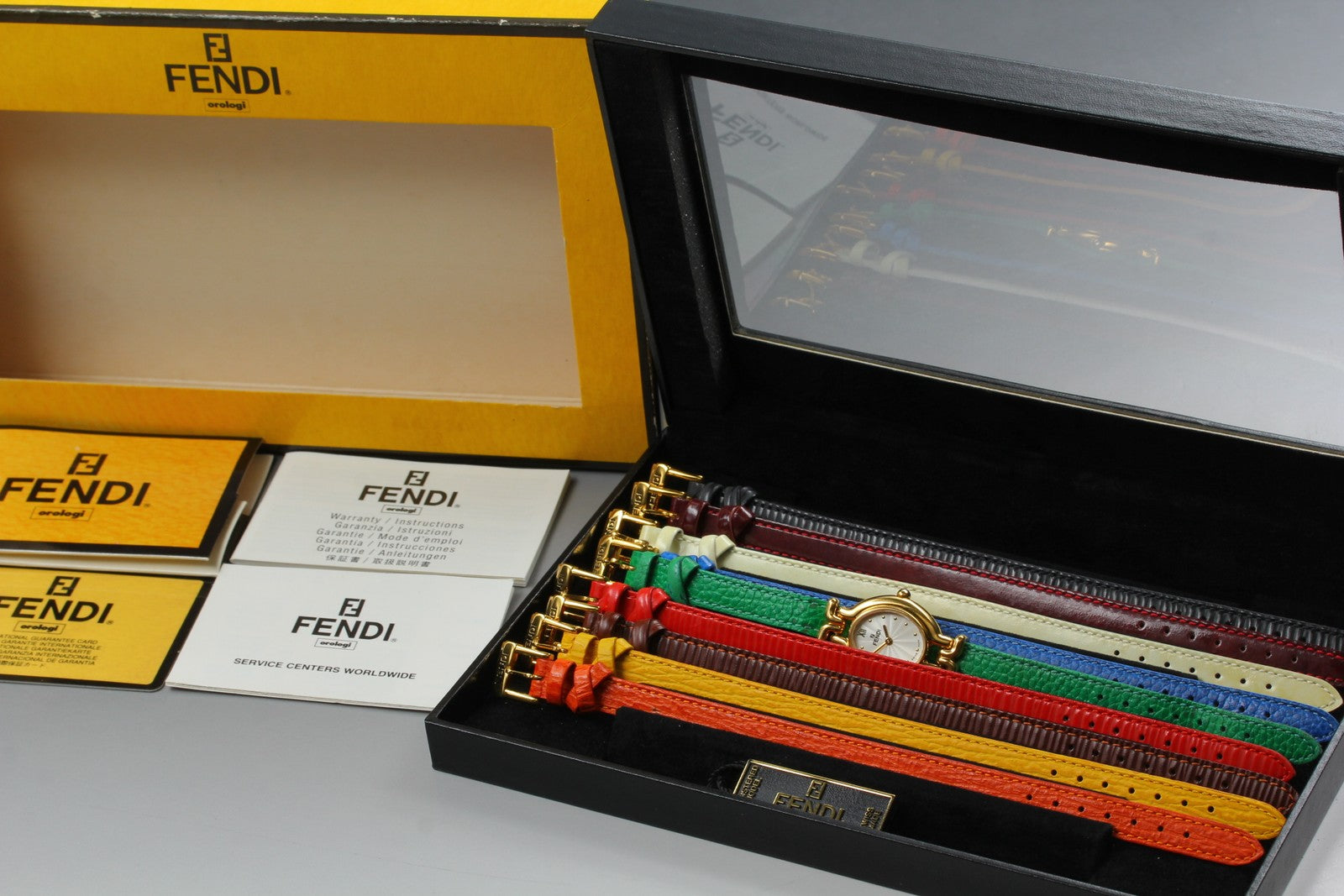 Vintage [Exc+5 Box] FENDI 640L 9 Colors Change Belt Gold Women's Quartz Watch