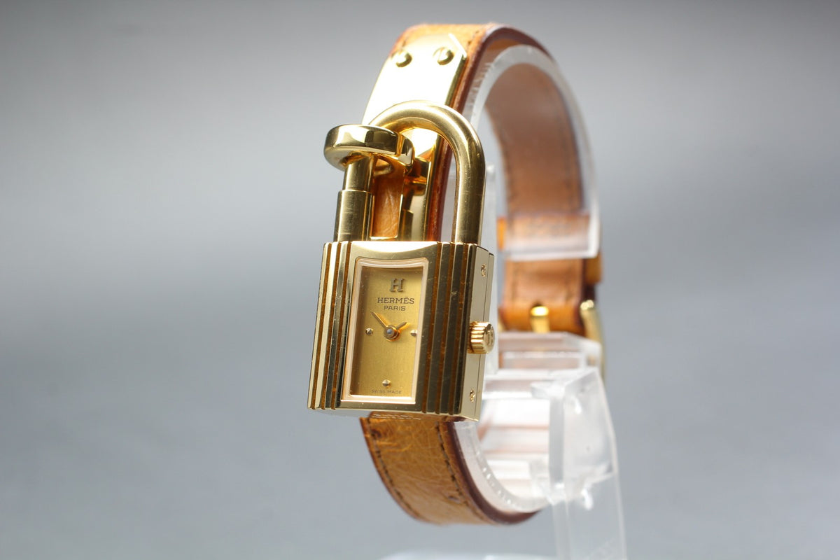 HERMES Kelly Watch Gold Brown Leather "Z" Woman's Quartz Watch Vintage [Box]