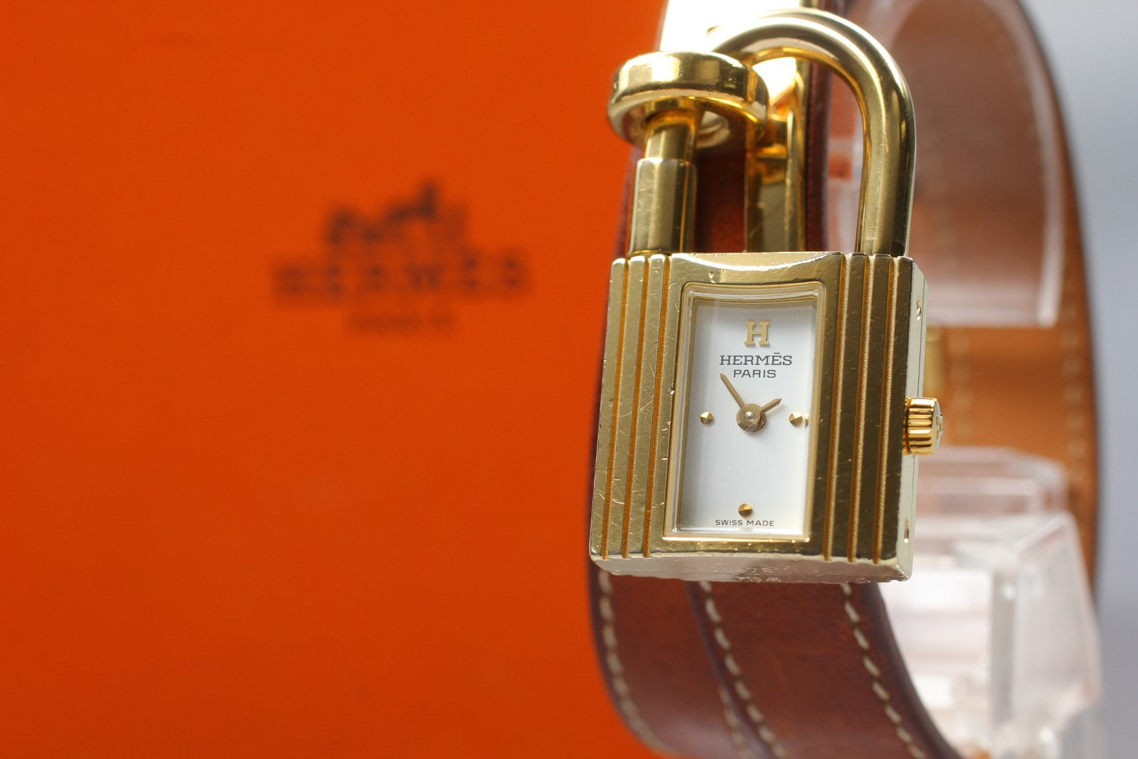 Overhauled [Exc+5 Box] HERMES Kelly Watch Gold Brown "I" Double Woman's Qz Watch