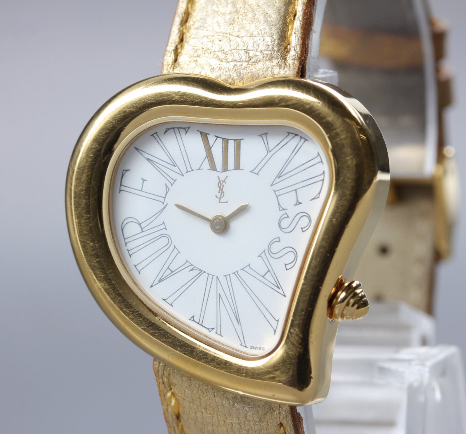 [Exc+5] Yves Saint Laurent Heart White Dial Gold 30mm Women's Watch Quartz JAPAN