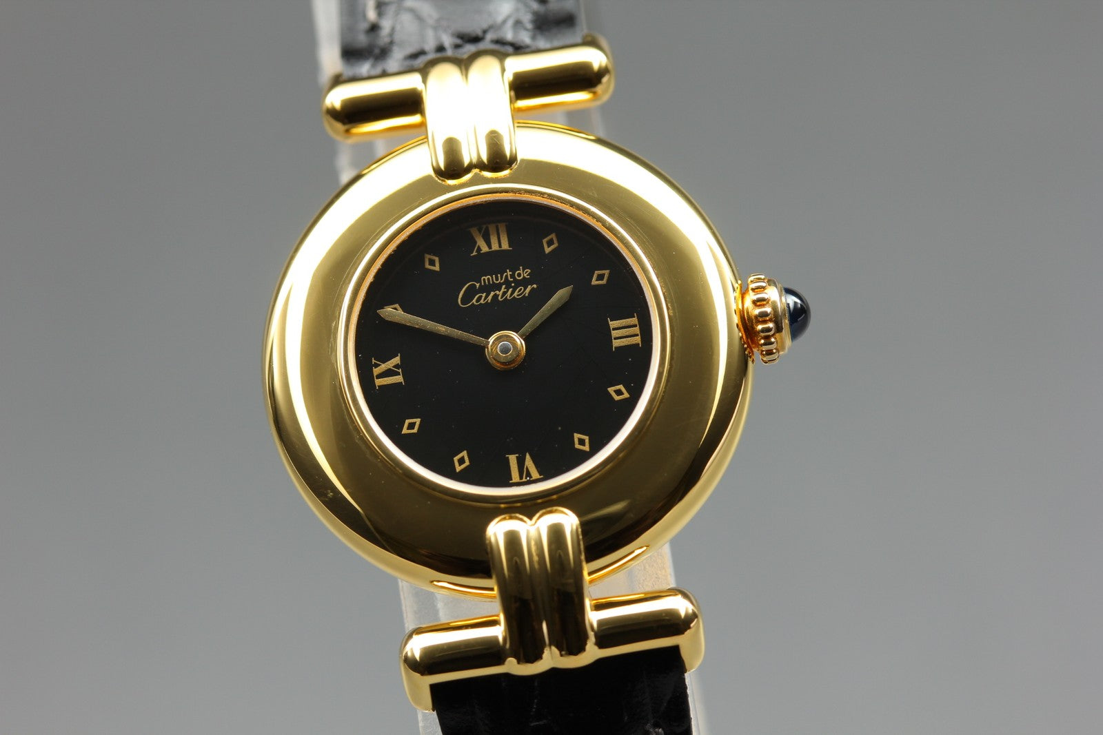 Vintage Cartier Must Colisee Vermeil 590002 Black Dial Gold Women's Quartz Watch