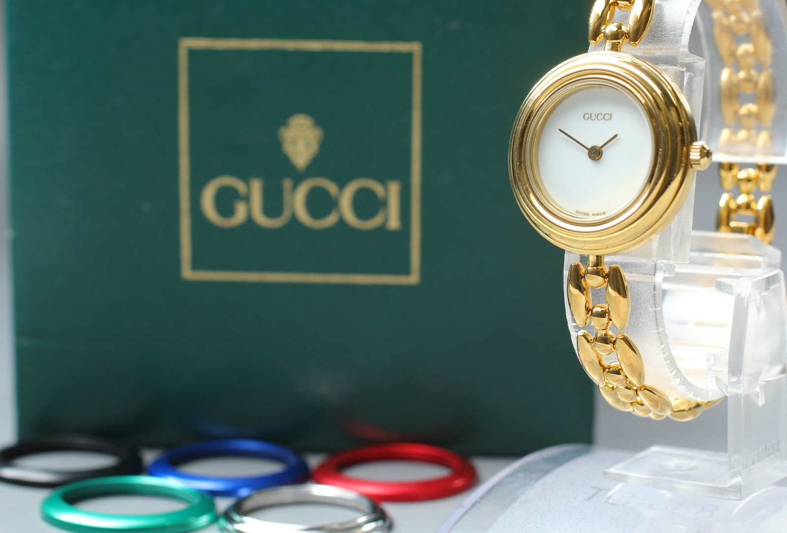 Vintage GUCCI Change Bezel 11/12.2 6 Colors Gold Quartz Woman’s Watch [w/Box]