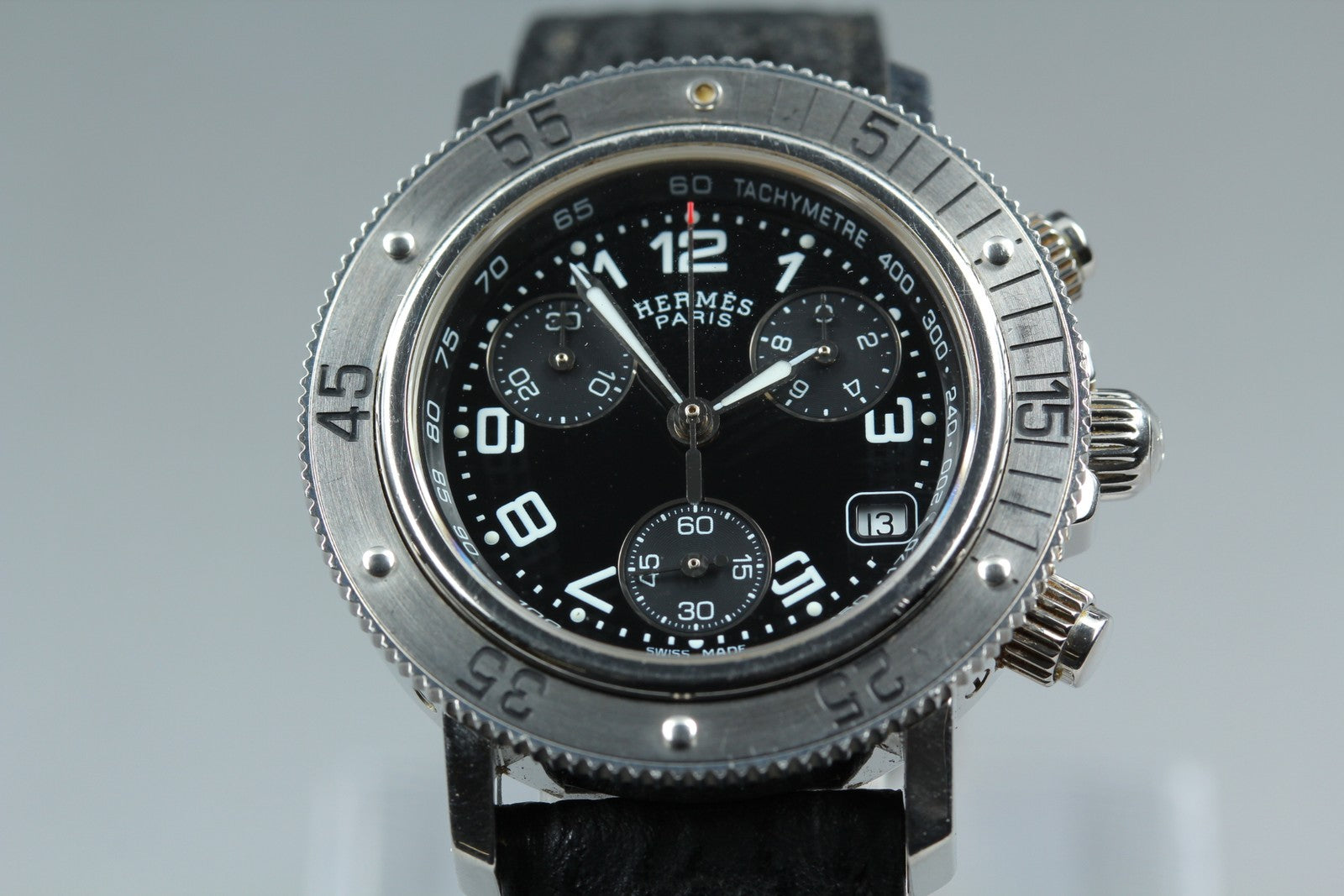 HERMES Clipper CL2.310 Quartz Black Chronograph Women's Watch 33mm Japan Box