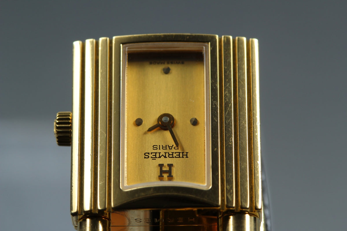 HERMES Kelly Watch Gold Black Leather "=" Woman's Quartz Watch Vintage