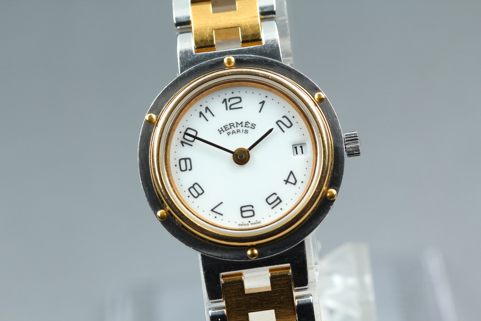 Vintage [Exc+5 Box] Hermes Clipper 24mm White Dial Gold Woman's Watch Quartz