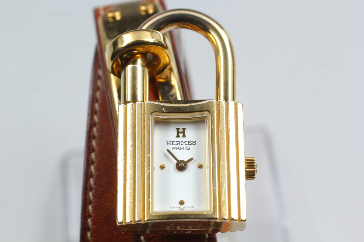 Overhauled [Exc+5 Box] HERMES Kelly Watch Gold Brown "I" Double Woman's Qz Watch