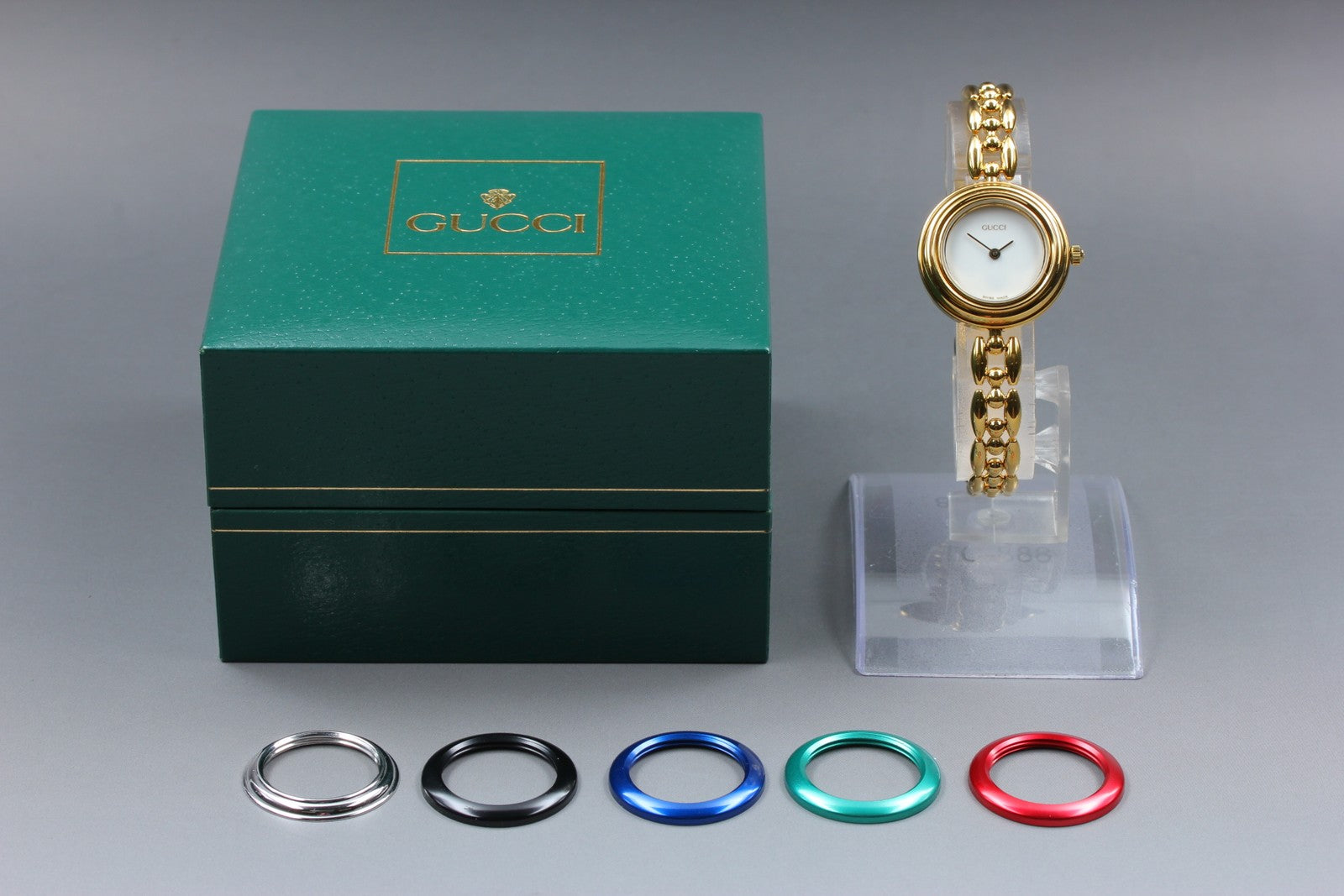 Vintage GUCCI Change Bezel 11/12 6 Colors Gold Bracelet Qz Woman’s Watch [Box]