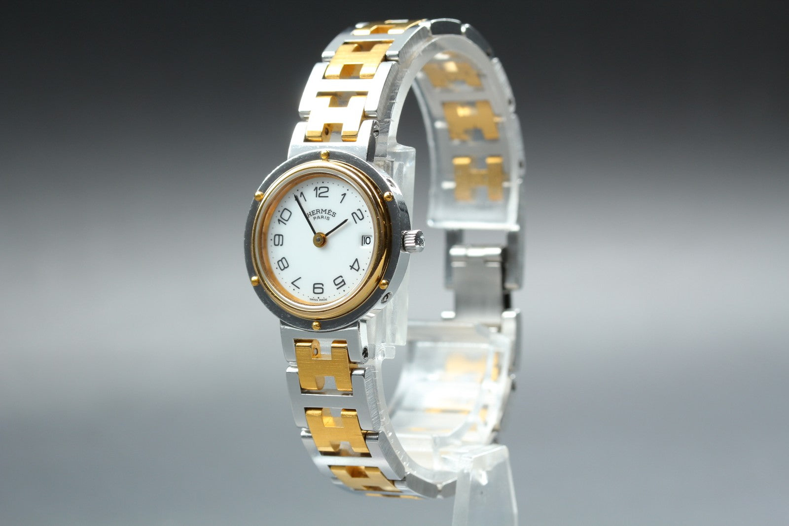 Vintage [Exc+5 Box] Hermes Clipper 24mm White Dial Gold Woman's Watch Quartz