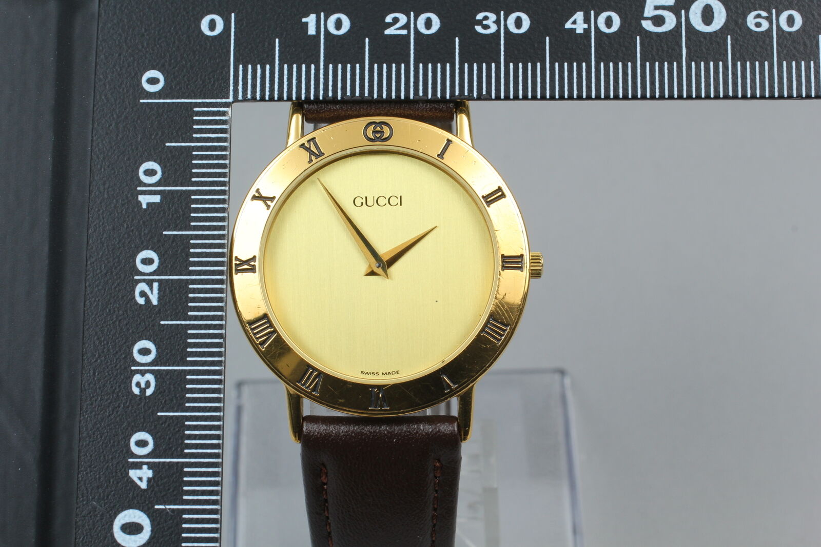 New Battery [Exc+5 Box] Gucci 3000.2.M Gold Brown Men's Quartz Watch Vintage JP