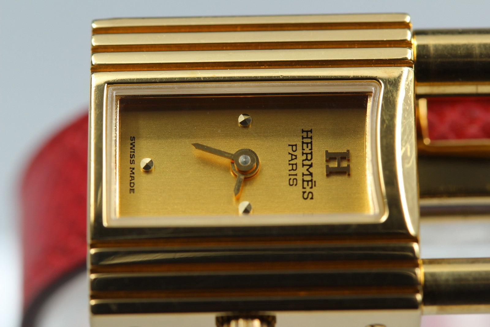 [Overhauled] HERMES Kelly Watch Gold Dial Red Leather "W" Woman's Watch Quartz