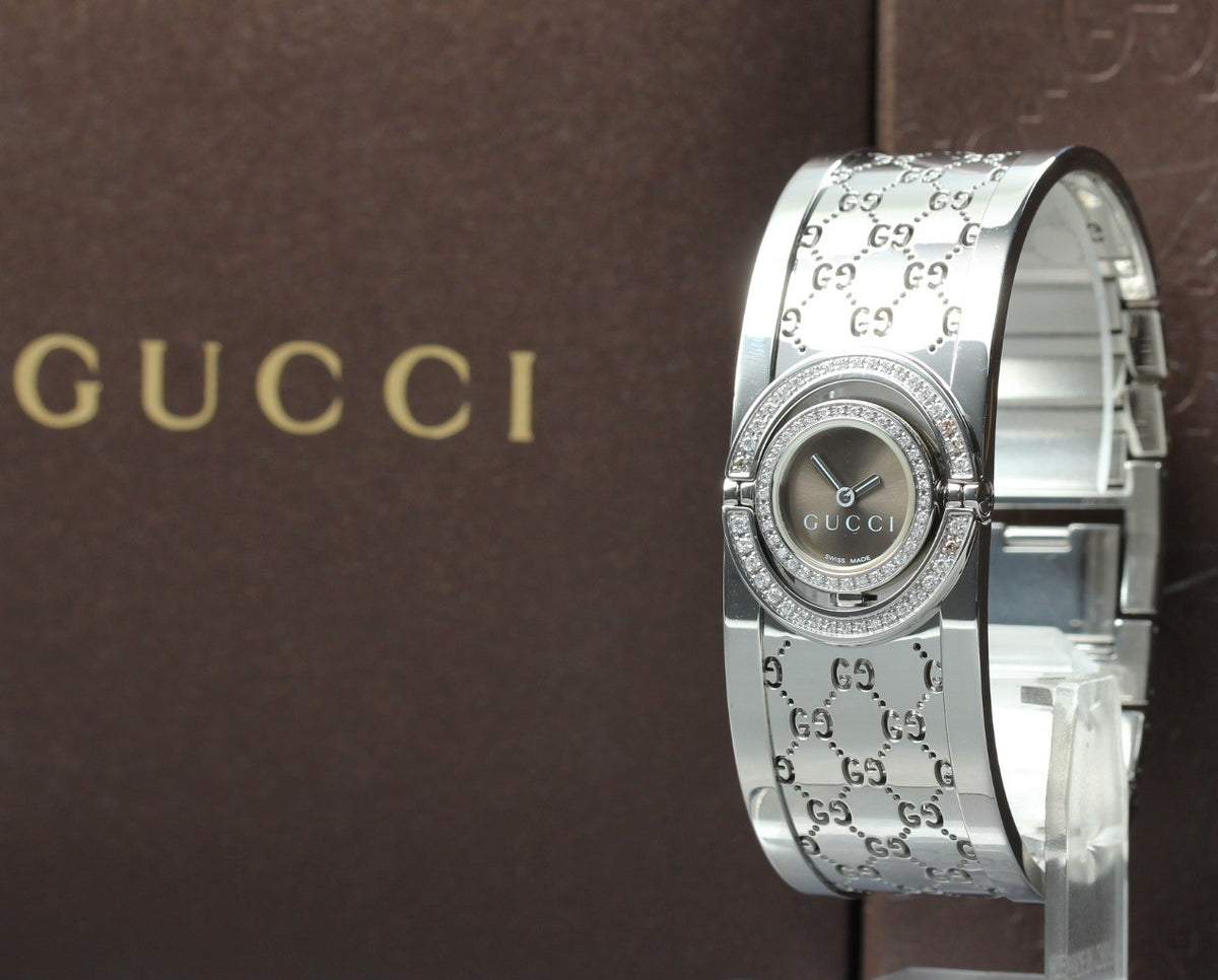 GUCCI 112 Twirl Double Diamond Brown Dial YA112504 23mm Woman's Qz Watch [Box]