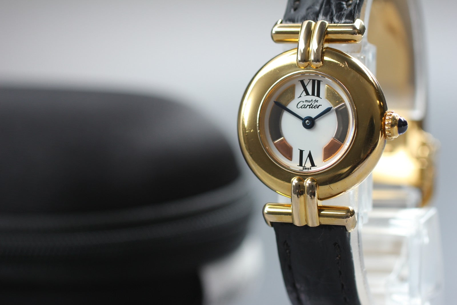 Vintage[Exc+5] Cartier Must Colisee Vermeil 1902 Gold Black Women's Quartz Watch