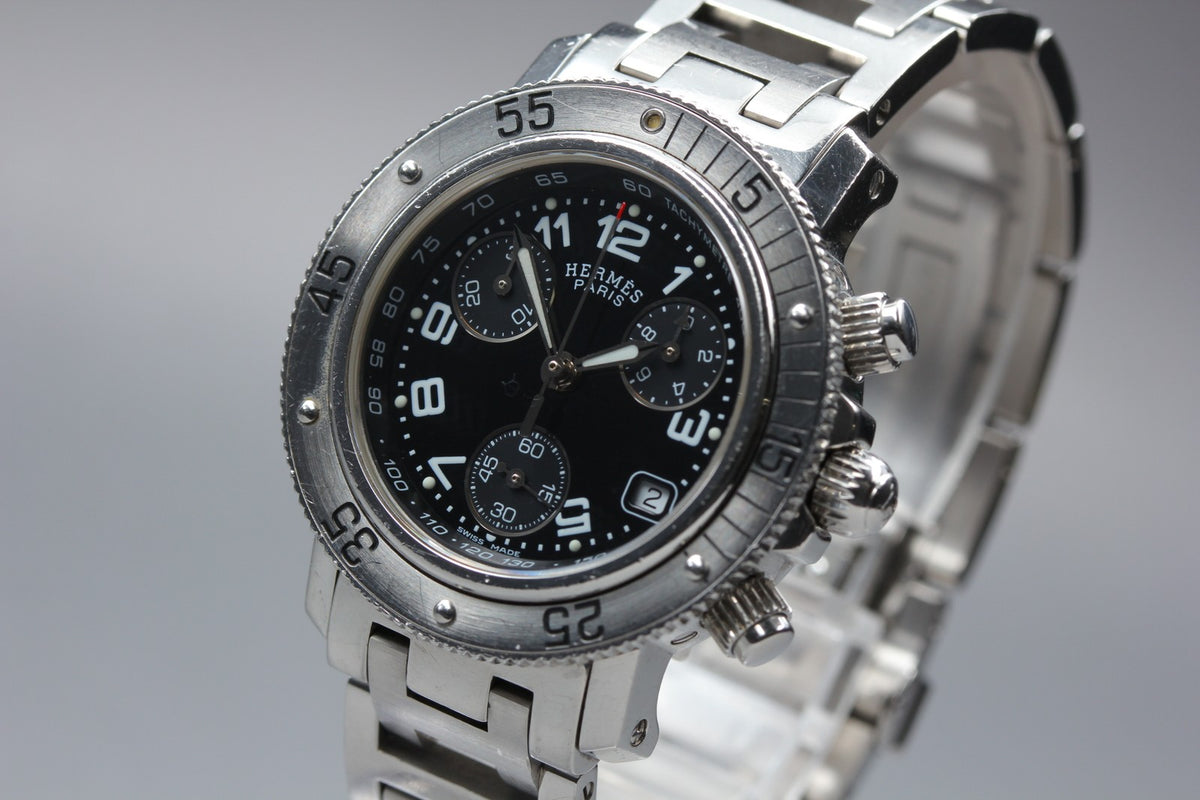 HERMES Clipper Diver Chronograph CL2.310 Quartz Black Women's Watch 33mm JAPAN