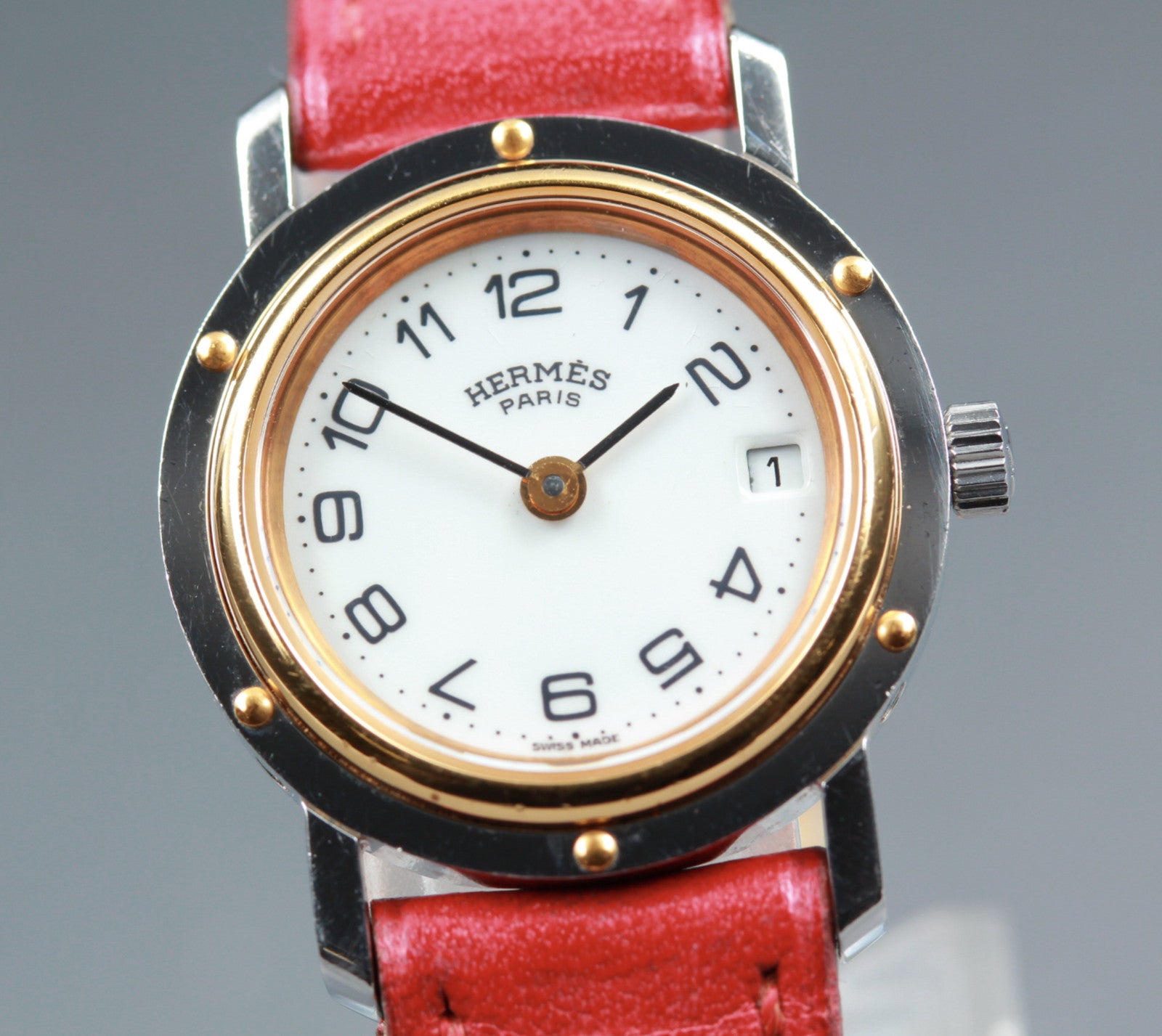 Vintage [Exc+5] HERMES Sellier White Dial Red 24mm Woman's Quartz Watch JAPAN