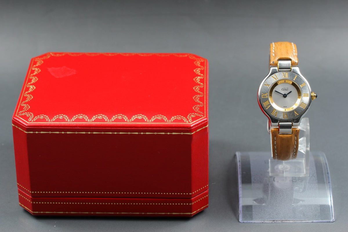 Vintage Cartier Must De 21 1340 Silver Quartz Women's Watch 27mm JAPAN Box